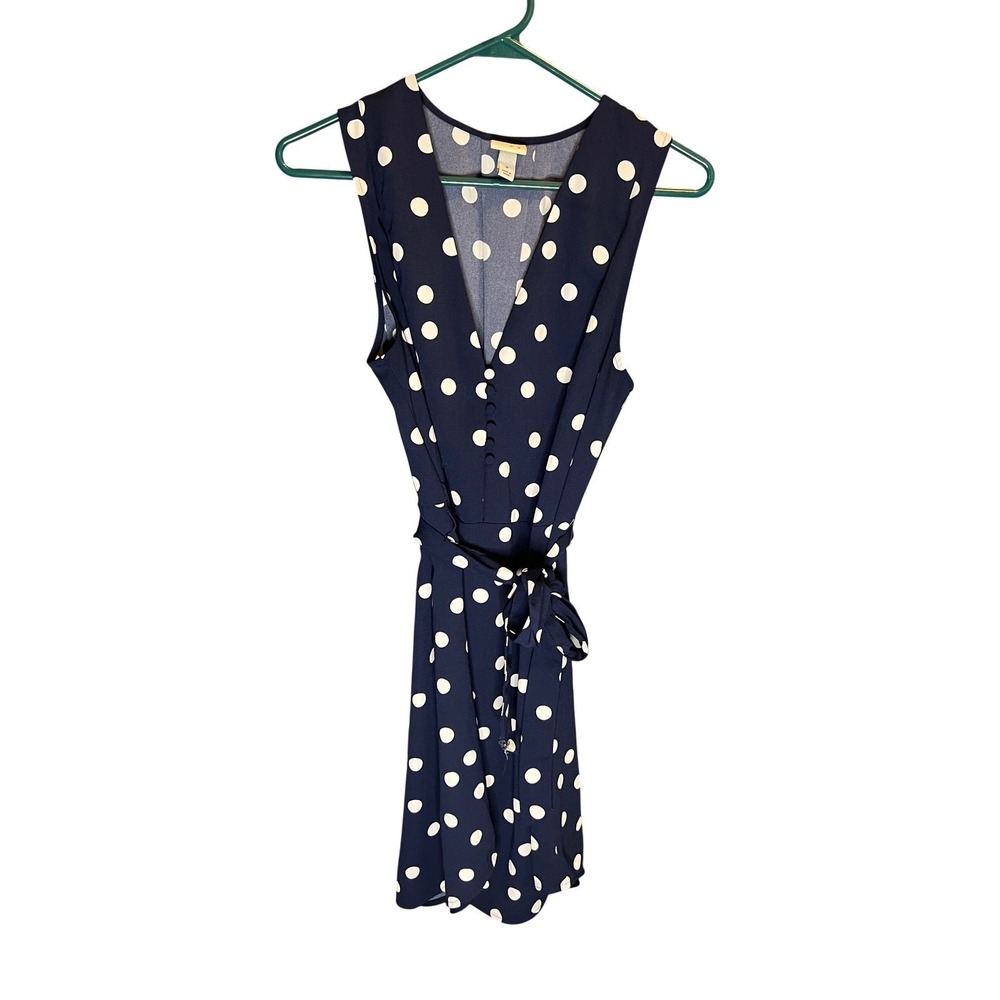 A New Day Navy Blue Polka Dot V-Neck Button Front Tie Waist Mini Dress Size M